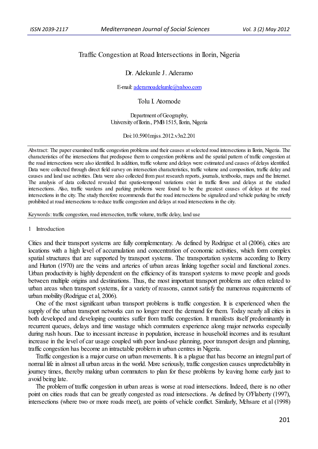 201 Traffic Congestion at Road Intersections in Ilorin, Nigeria