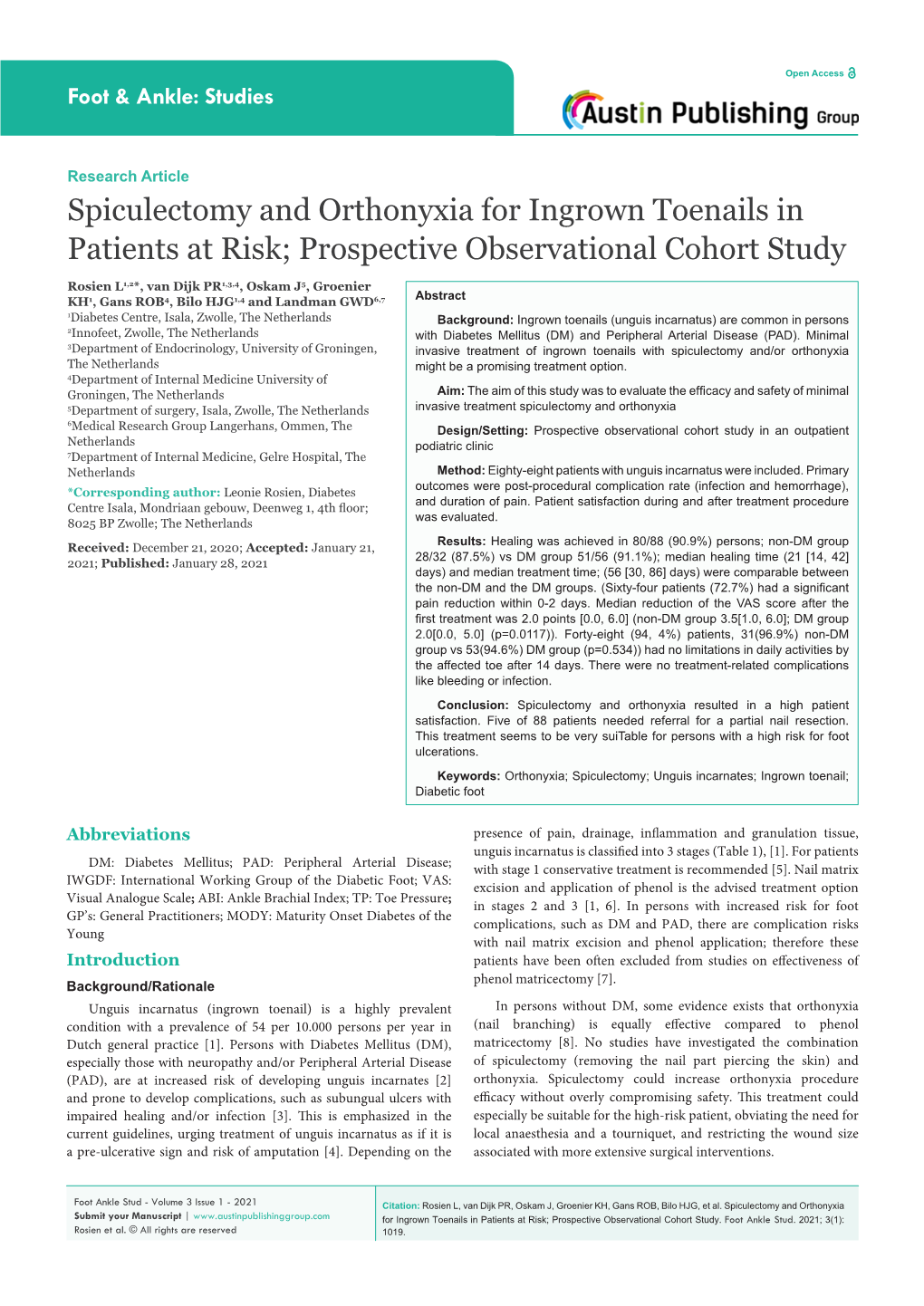 Spiculectomy and Orthonyxia for Ingrown Toenails in Patients at Risk; Prospective Observational Cohort Study