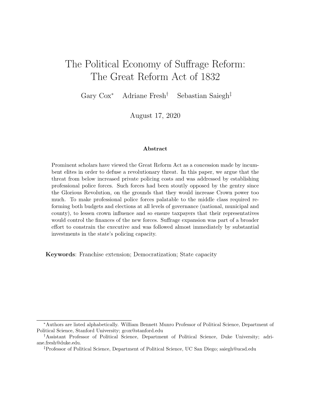 The Political Economy of Suffrage Reform: the Great Reform Act of 1832