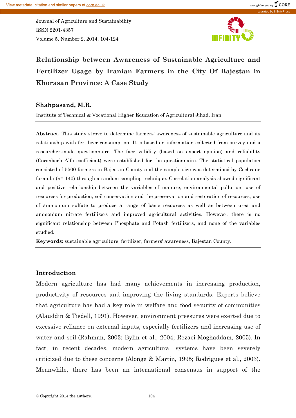 Relationship Between Awareness of Sustainable Agriculture and Fertilizer Usage by Iranian Farmers in the City of Bajestan in Khorasan Province: a Case Study