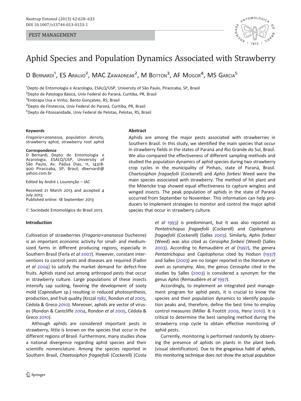 Aphid Species and Population Dynamics Associated with Strawberry