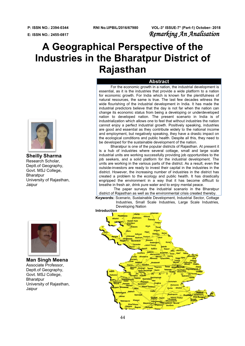 A Geographical Perspective of the Industries in the Bharatpur District