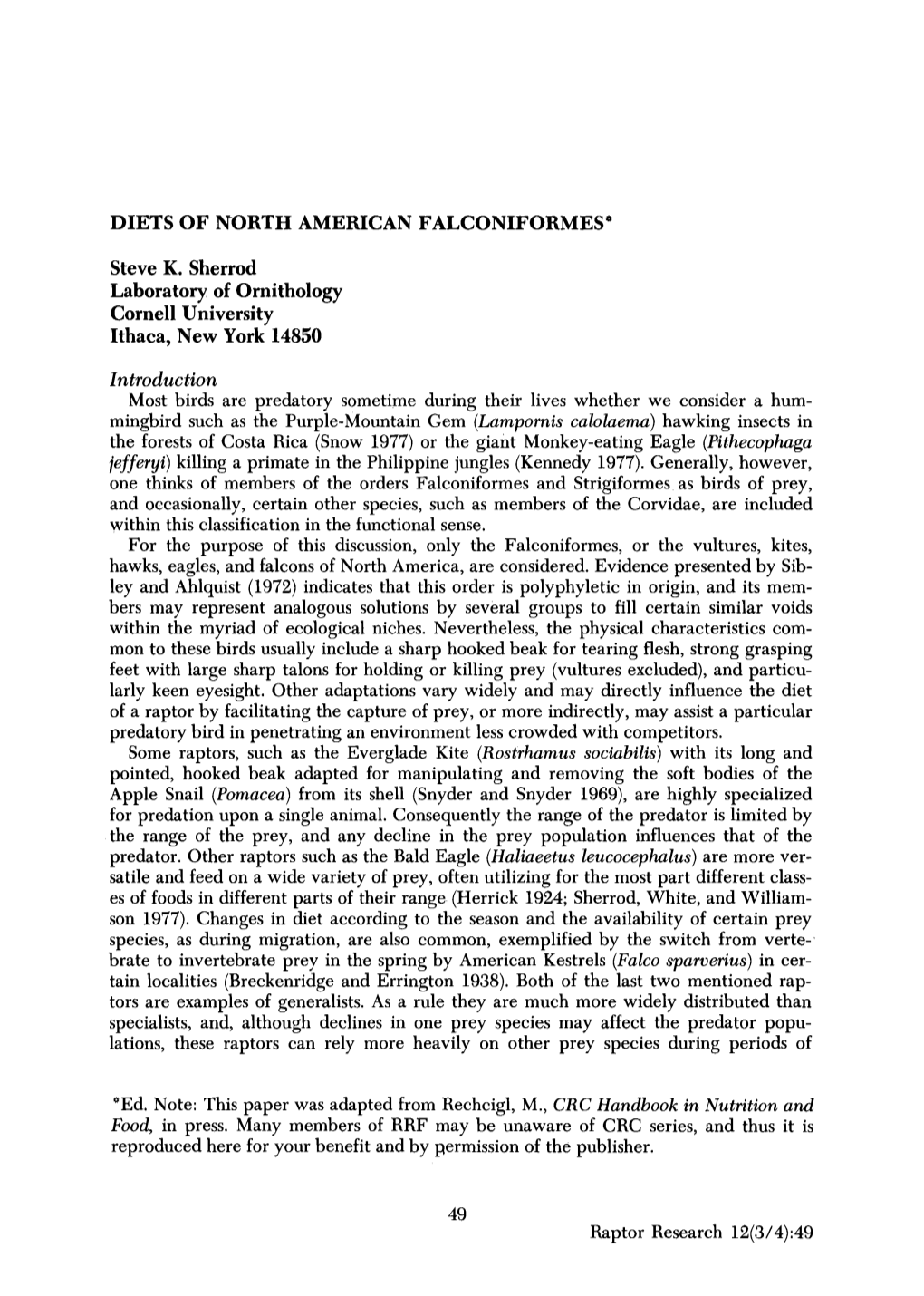 Diets of North American Falconiformes*