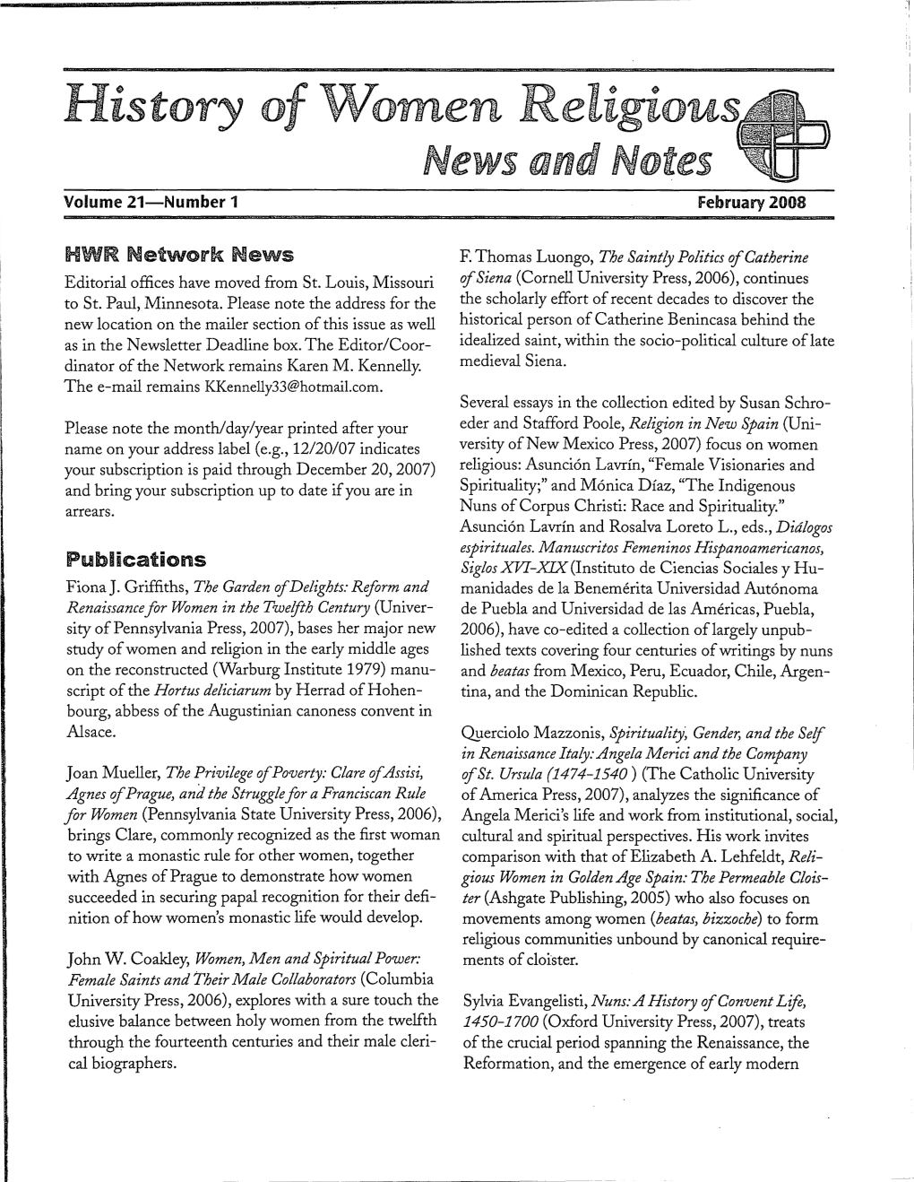 History of Women Religious Ews and Otes Volume 21-Number 1 February 2008