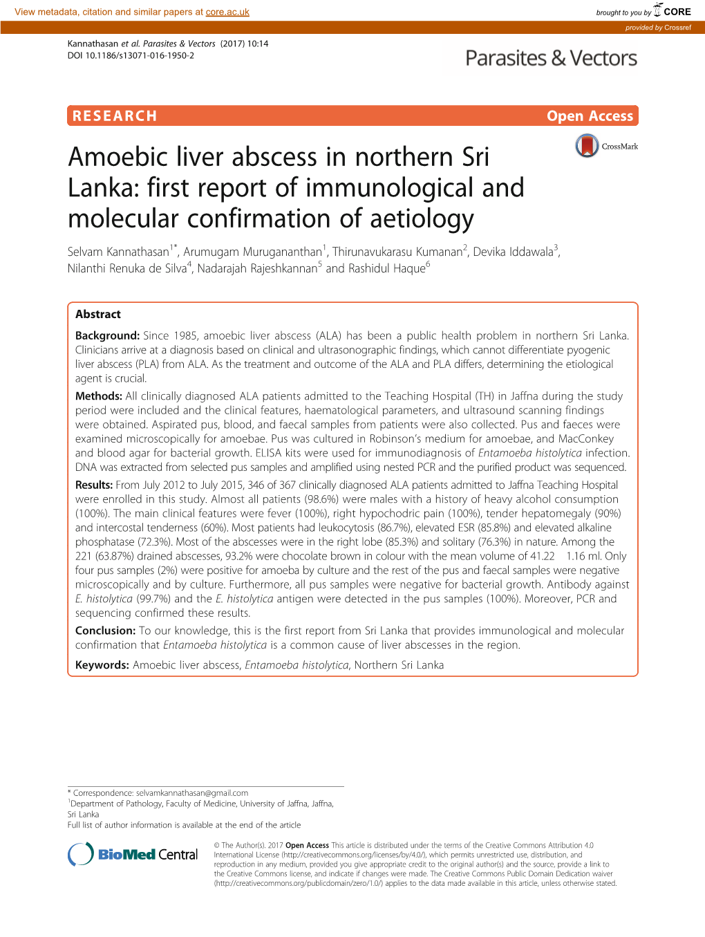Amoebic Liver Abscess in Northern Sri Lanka: First Report of Immunological and Molecular Confirmation of Aetiology