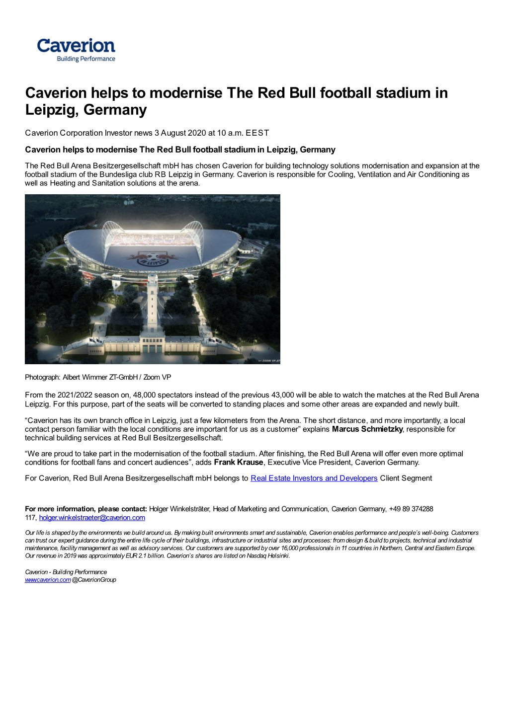 Caverion Helps to Modernise the Red Bull Football Stadium in Leipzig, Germany