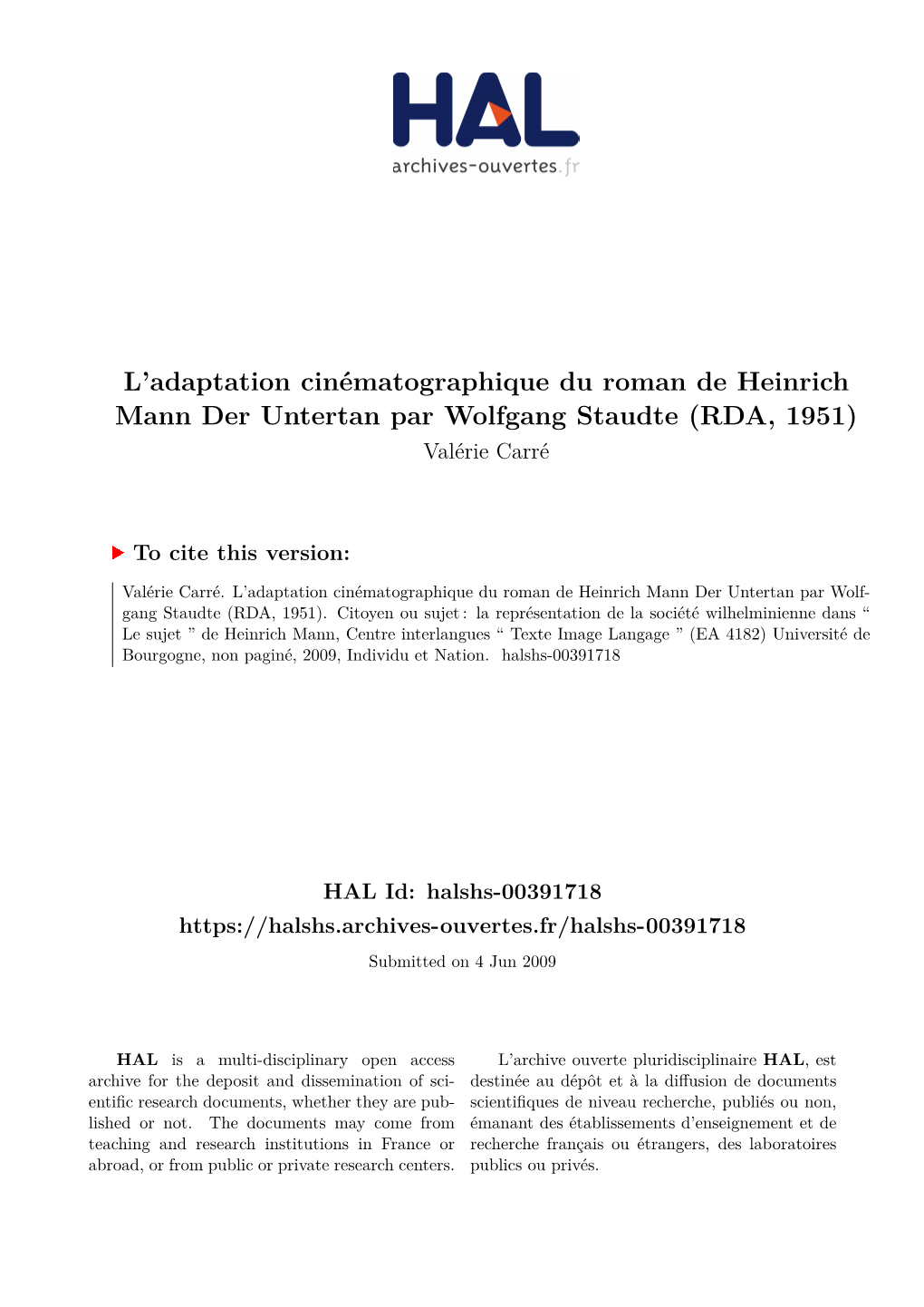 L'adaptation Cinématographique Du Roman De Heinrich Mann Der