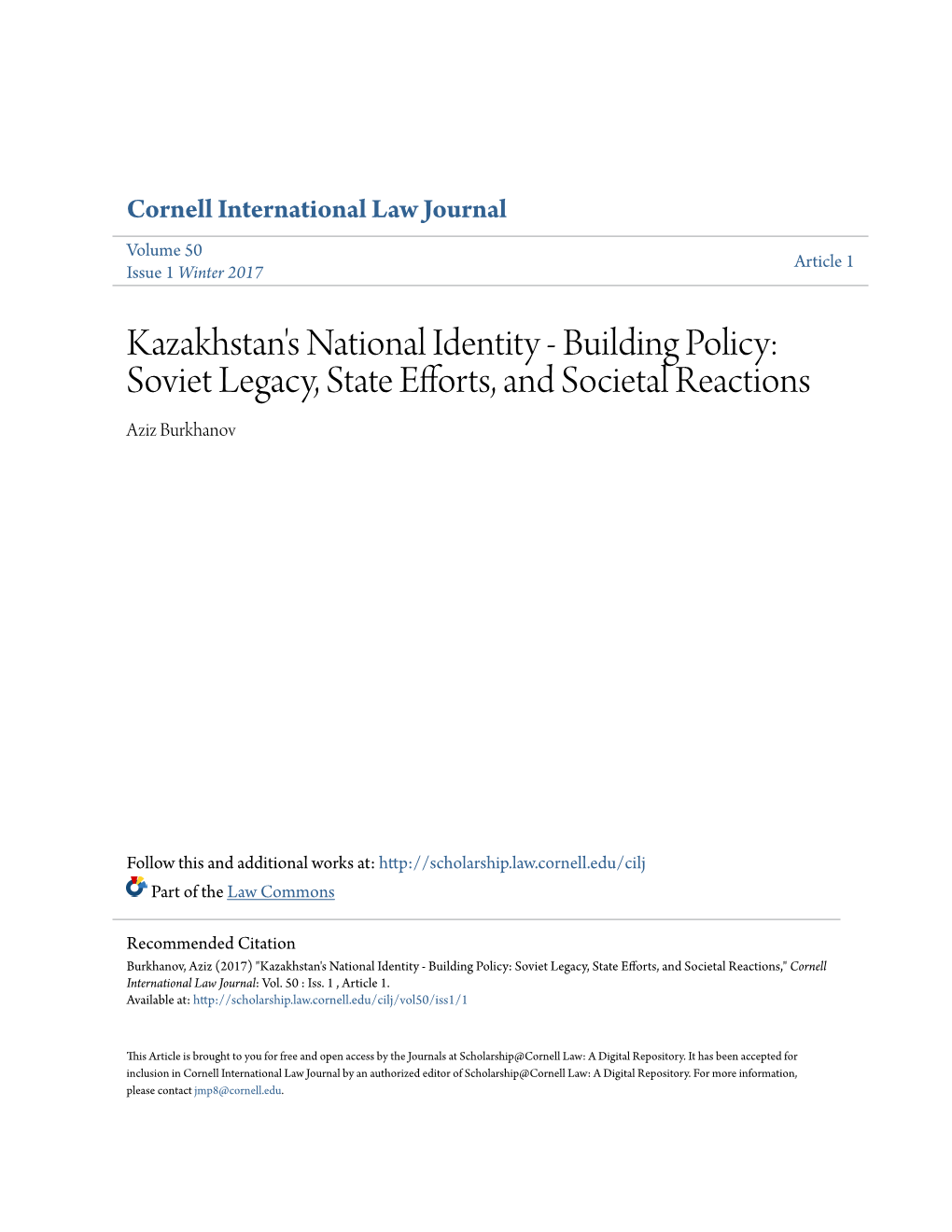 Kazakhstan's National Identity - Building Policy: Soviet Legacy, State Efforts, and Societal Reactions Aziz Burkhanov