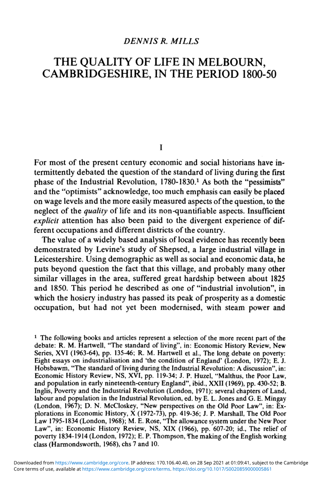 The Quality of Life in Melbourn, Cambridgeshire, in the Period 1800–50