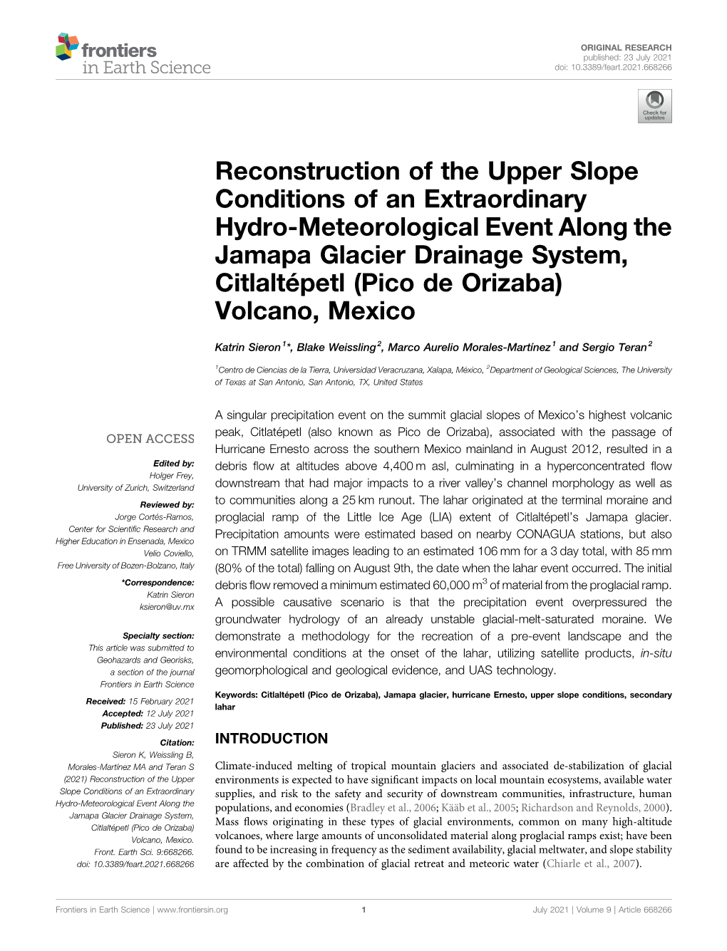 Reconstruction of the Upper Slope Conditions of an Extraordinary Hydro-Meteorological Event Along the Jamapa Glacier Drainage Sy