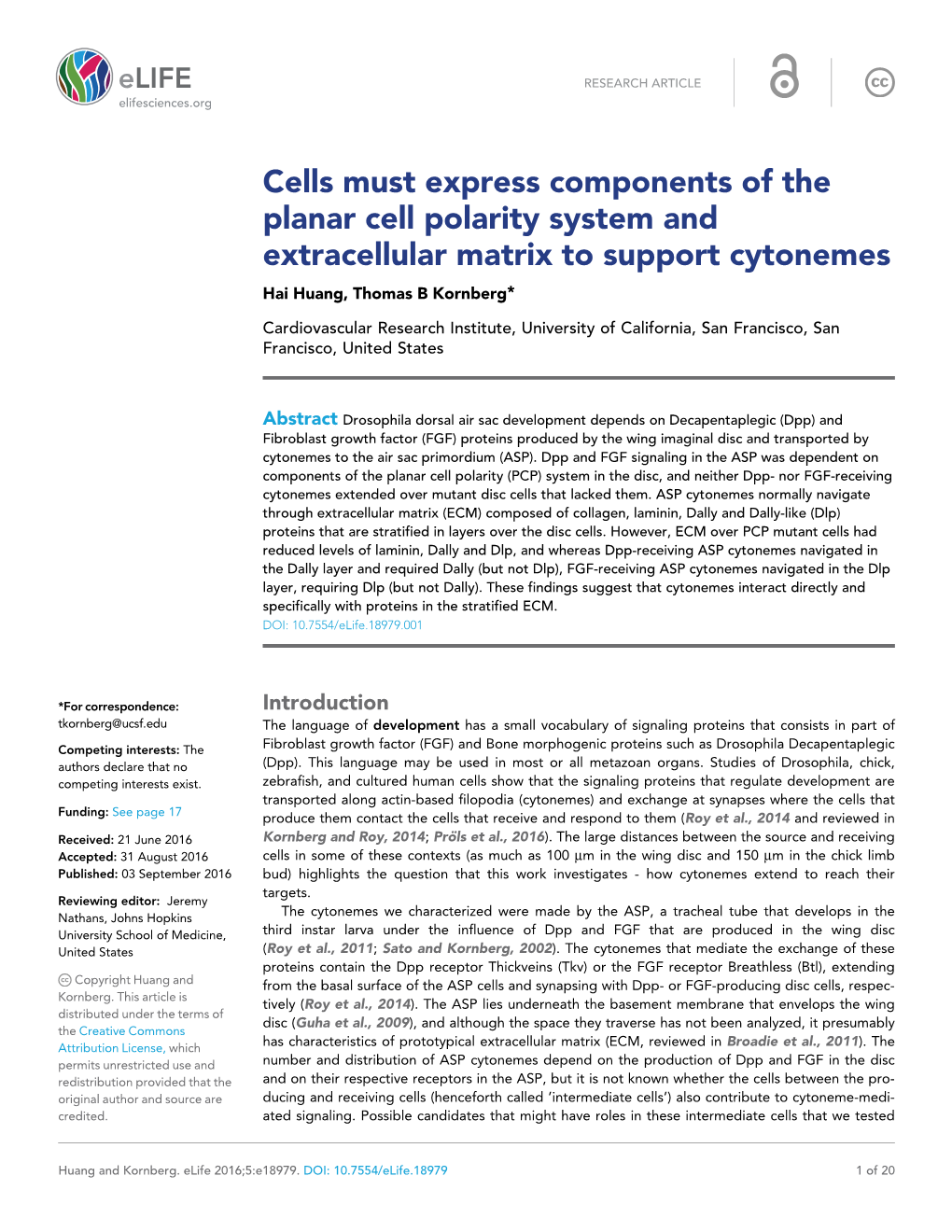Cells Must Express Components of the Planar Cell Polarity System and Extracellular Matrix to Support Cytonemes Hai Huang, Thomas B Kornberg*