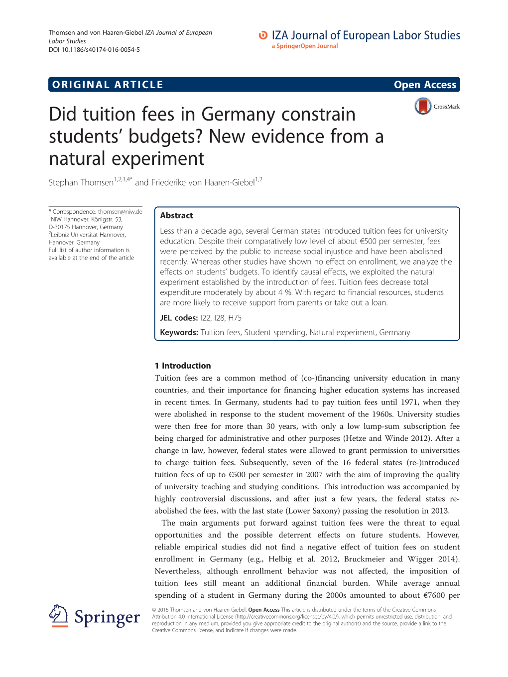 Did Tuition Fees in Germany Constrain Students' Budgets? New Evidence from a Natural Experiment