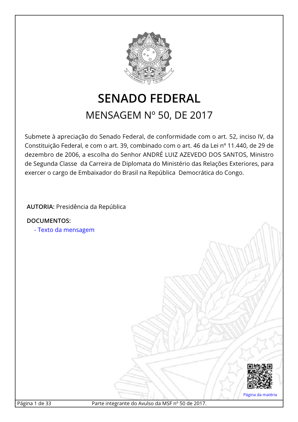 Mensagem Nº 50, De 2017