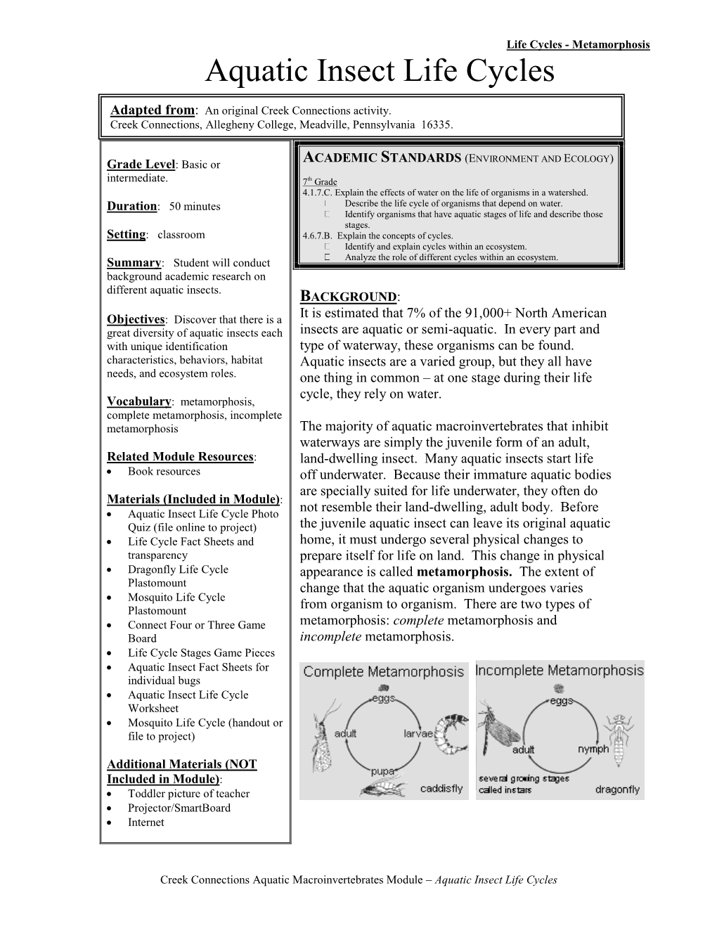 Aquatic Insect Life Cycles