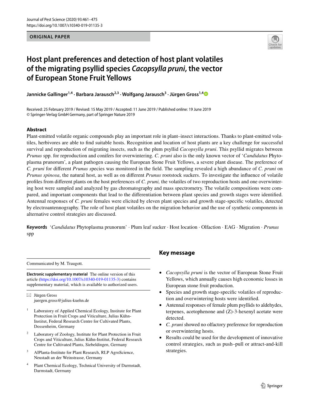 Host Plant Preferences and Detection of Host Plant Volatiles of the Migrating Psyllid Species Cacopsylla Pruni, the Vector of European Stone Fruit Yellows