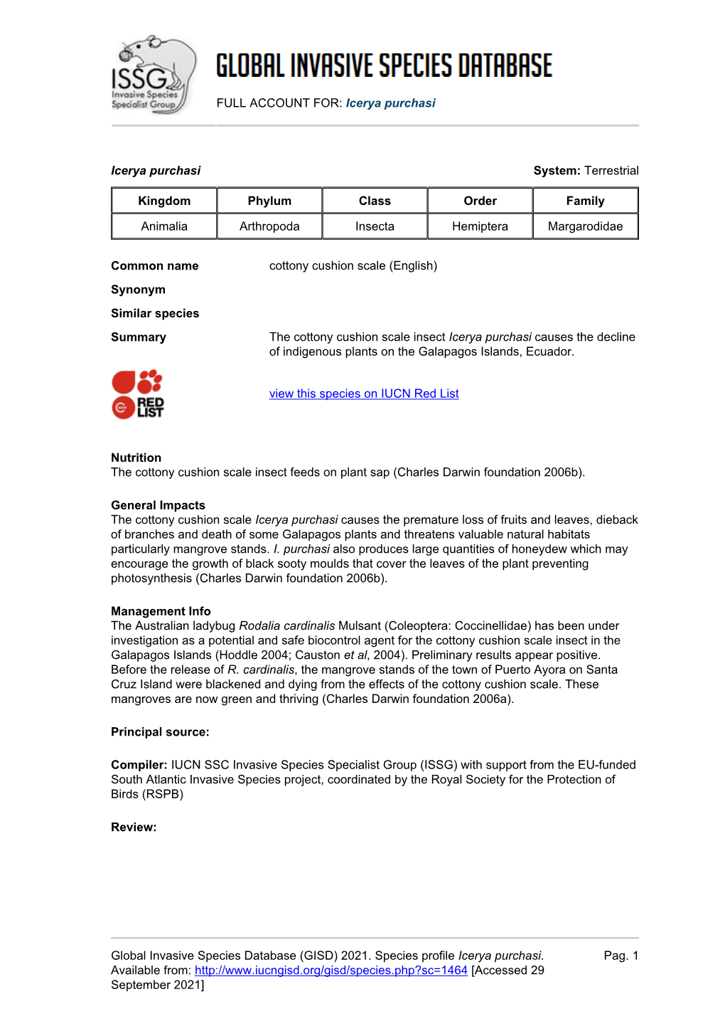 Icerya Purchasi Global Invasive Species Database (GISD)