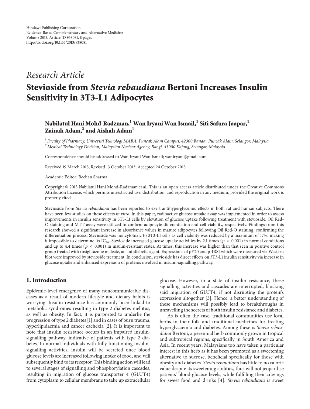 Stevioside from Stevia Rebaudiana Bertoni Increases Insulin Sensitivity in 3T3-L1 Adipocytes