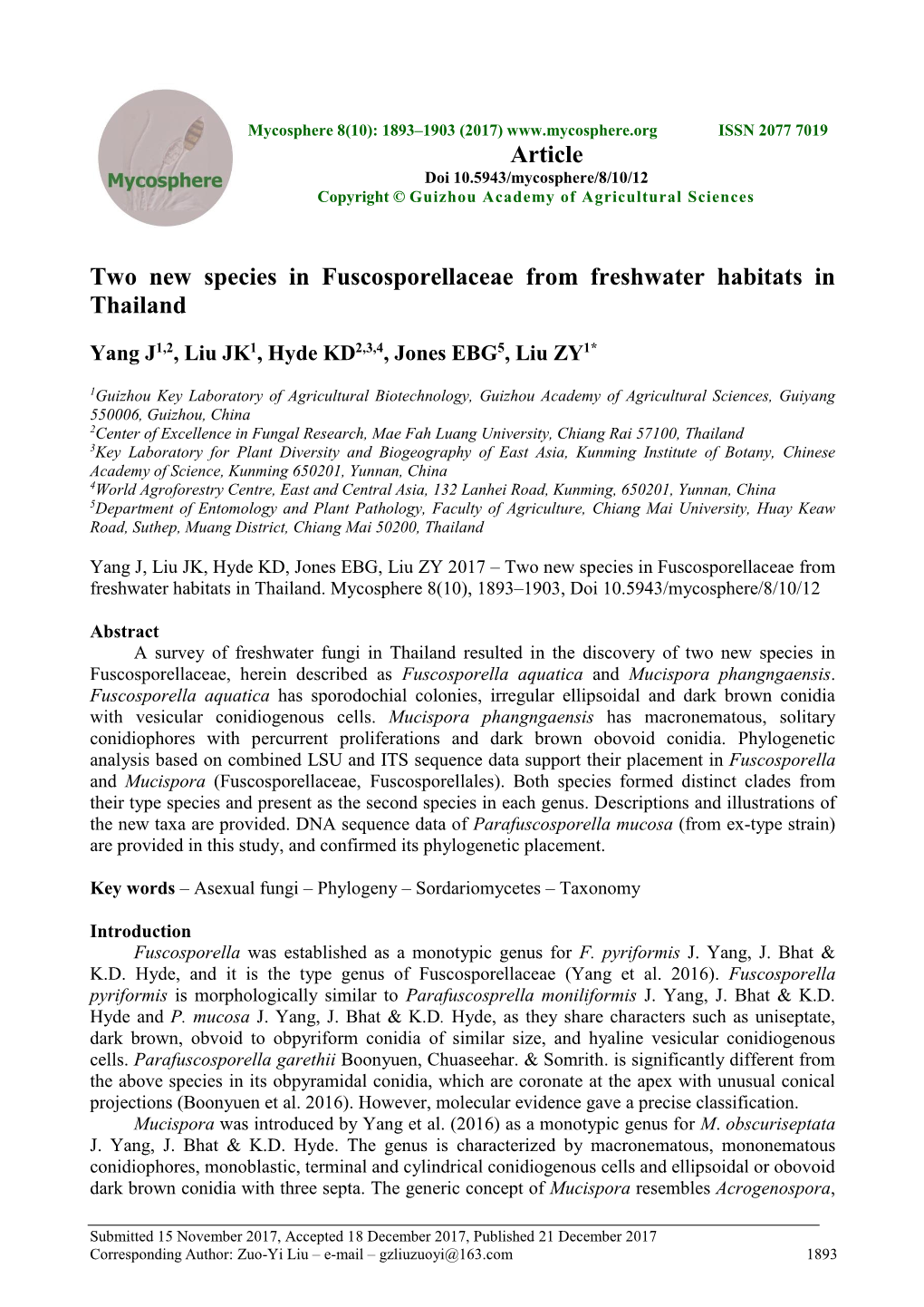 Two New Species in Fuscosporellaceae from Freshwater Habitats in Thailand