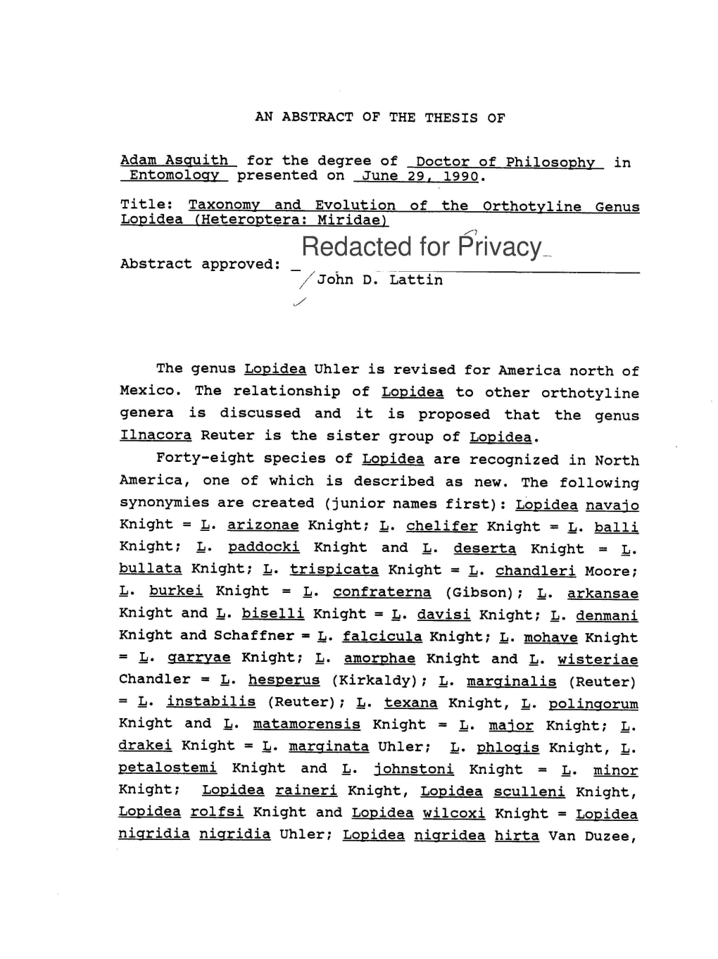 Taxonomy and Evolution of the Orthotyline Genus Lopidea (Heteroptera: Miridae) Redacted for Privacy Abstract Approved: //John D