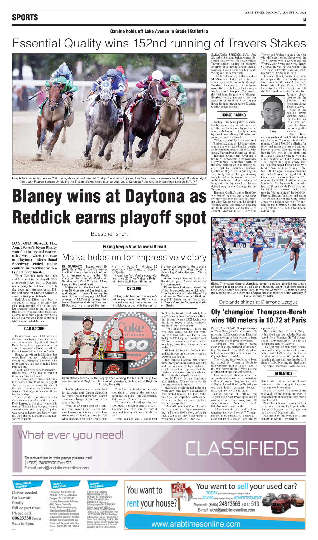 Blaney Wins at Daytona As Reddick Earns Playoff Spot