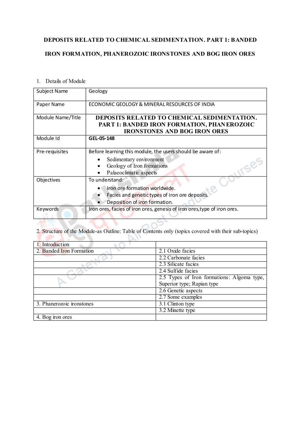 BANDED IRON FORMATION, PHANEROZOIC IRONSTONES and BOG IRON ORES Module Id GEL-05-148