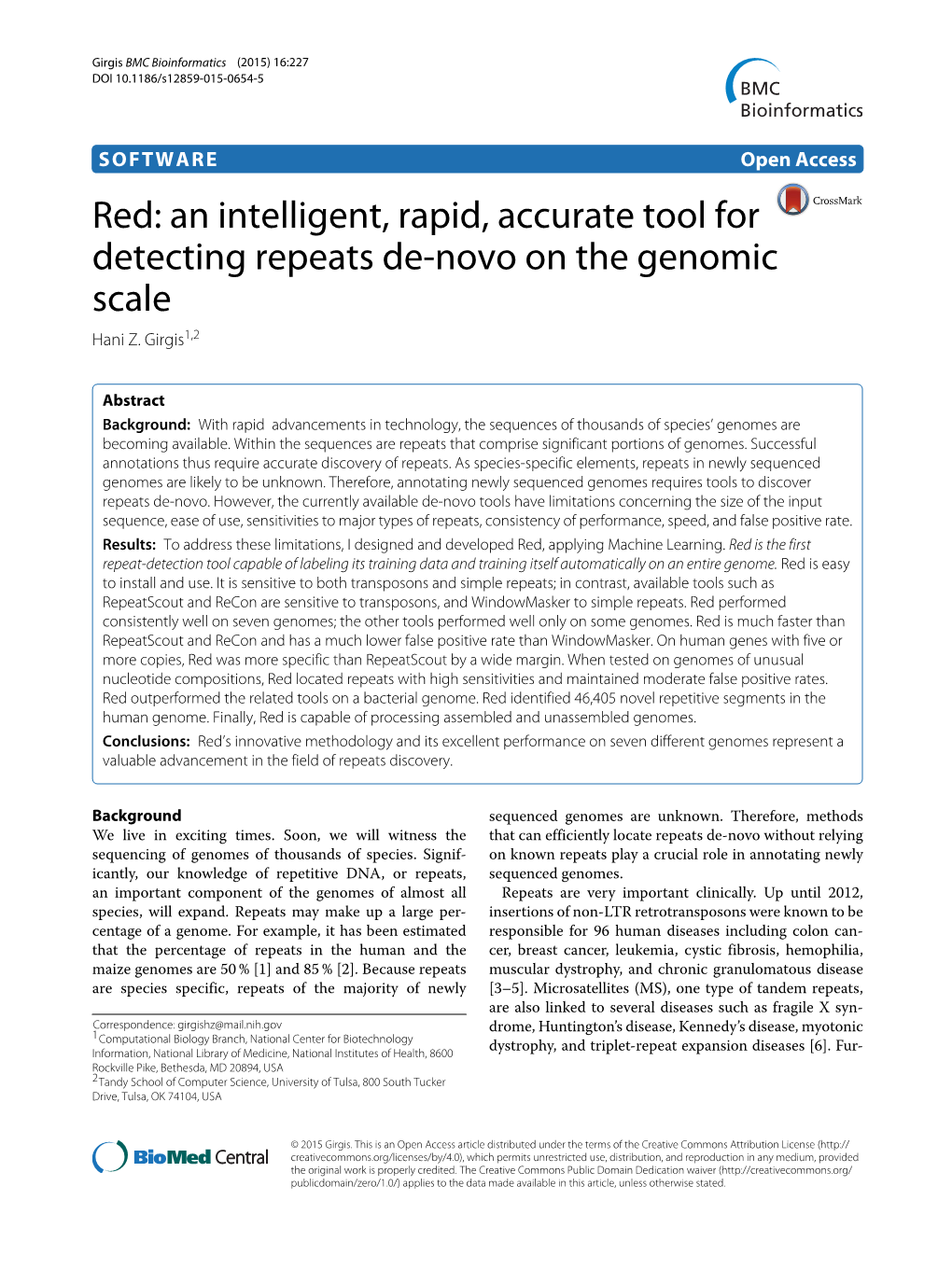 Red: an Intelligent, Rapid, Accurate Tool for Detecting Repeats De-Novo on the Genomic Scale Hani Z