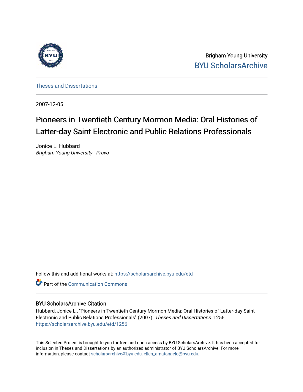 Pioneers in Twentieth Century Mormon Media: Oral Histories of Latter-Day Saint Electronic and Public Relations Professionals