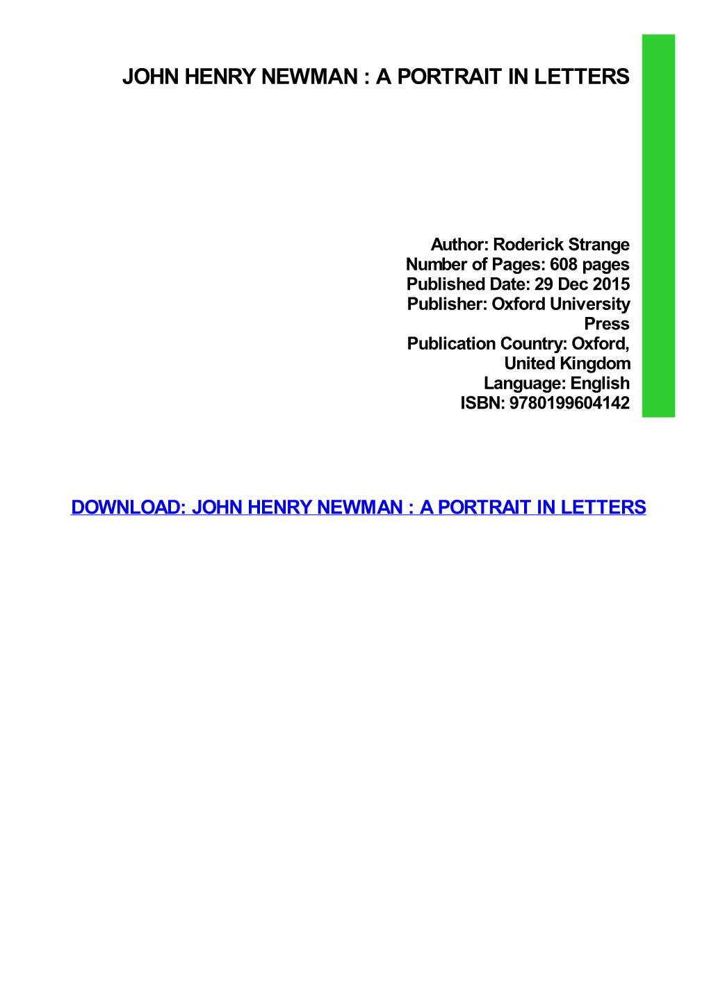 John Henry Newman : a Portrait in Letters