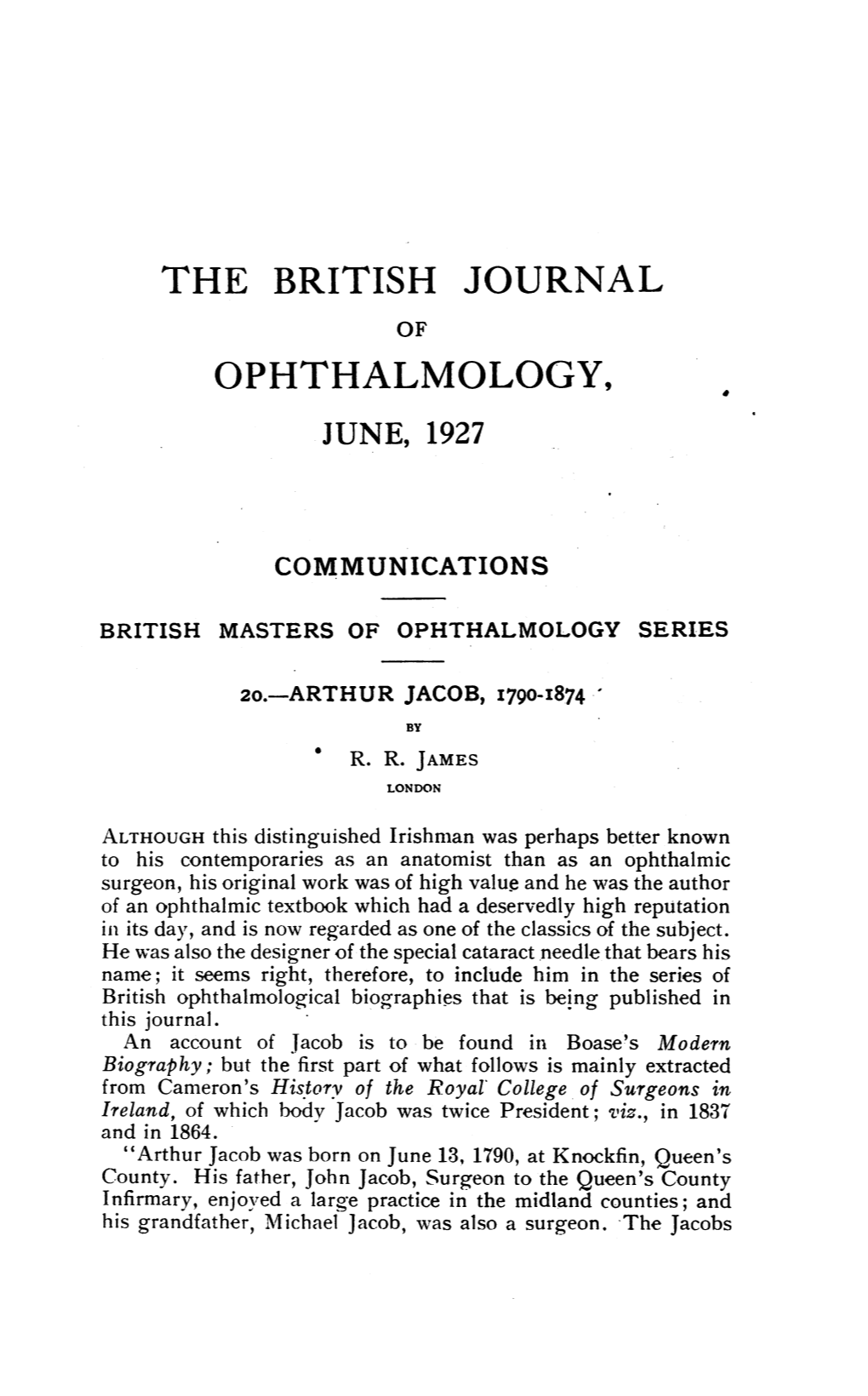 The British Journal of Ophthalmology, June, 1927