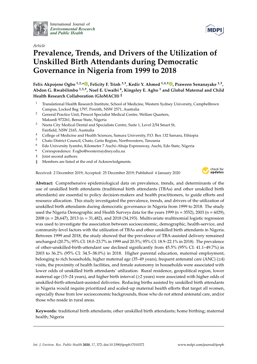Prevalence, Trends, and Drivers of the Utilization of Unskilled Birth Attendants During Democratic Governance in Nigeria from 1999 to 2018