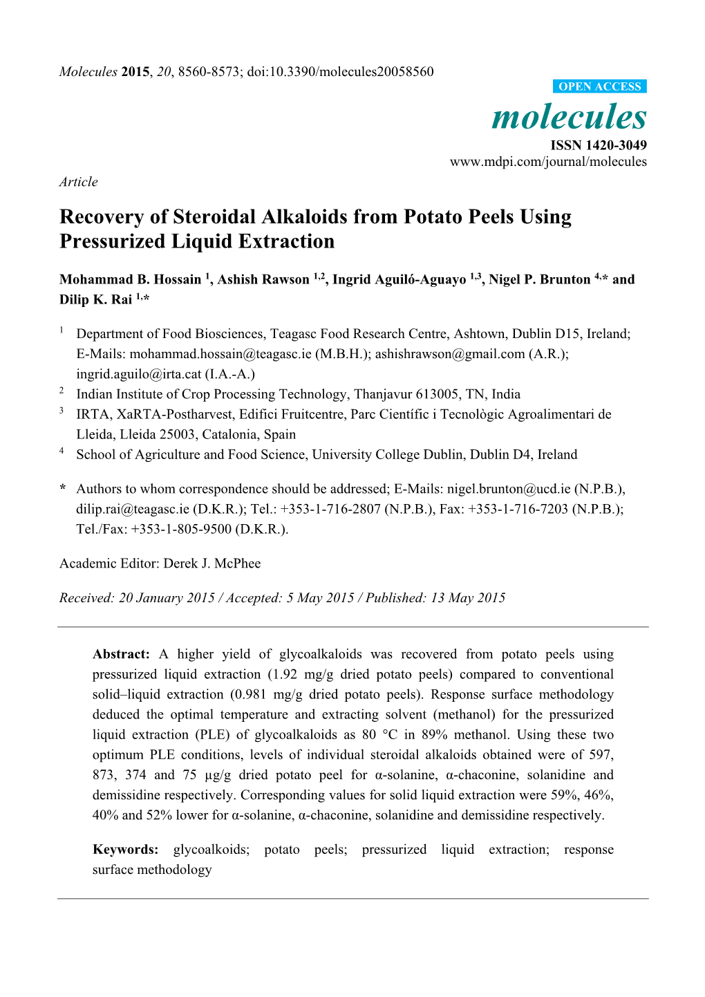 Recovery of Steroidal Alkaloids from Potato Peels Using Pressurized Liquid Extraction