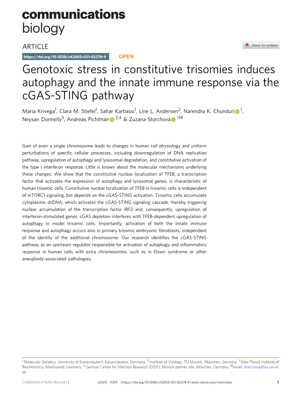 Genotoxic Stress in Constitutive Trisomies Induces Autophagy and the Innate Immune Response Via the Cgas-STING Pathway