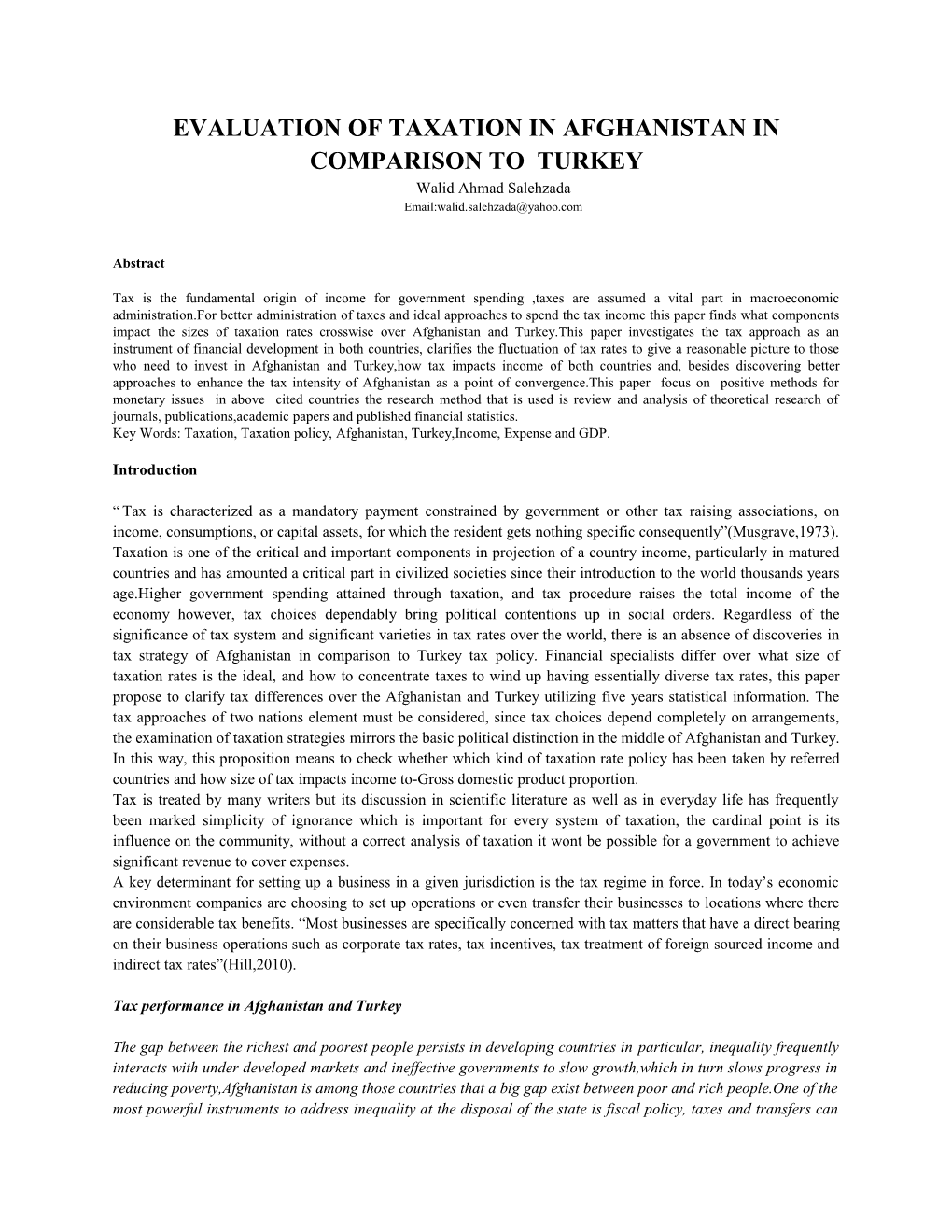 Evaluation of Taxation in Afghanistan in Comparison to Turkey