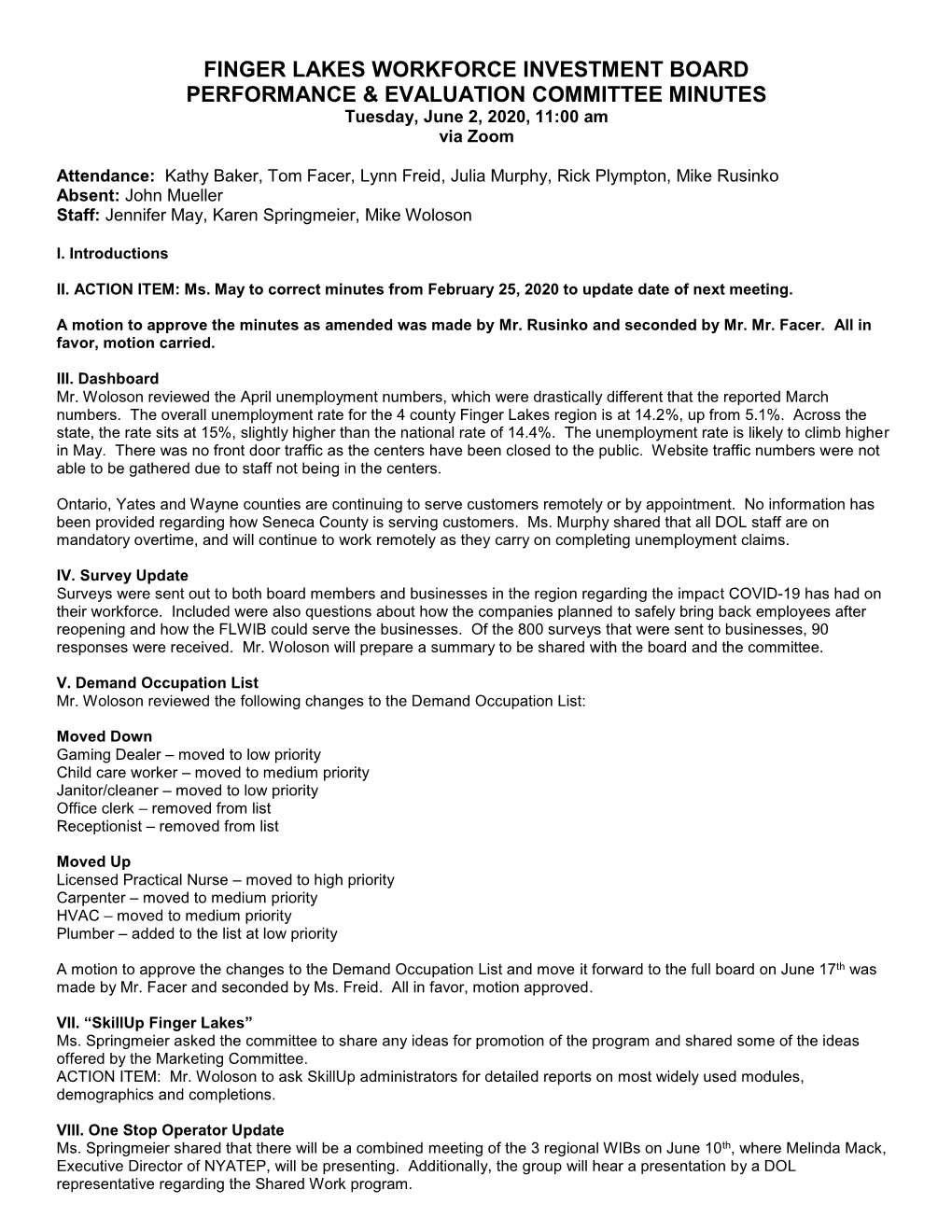 FINGER LAKES WORKFORCE INVESTMENT BOARD PERFORMANCE & EVALUATION COMMITTEE MINUTES Tuesday, June 2, 2020, 11:00 Am Via Zoom