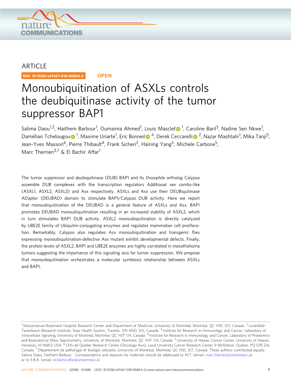 Monoubiquitination of Asxls Controls the Deubiquitinase Activity of the Tumor Suppressor BAP1