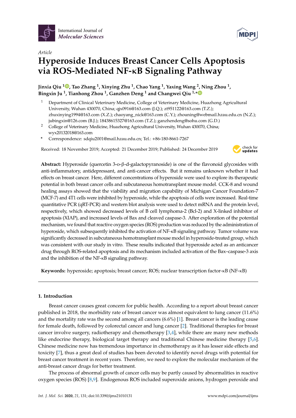Hyperoside Induces Breast Cancer Cells Apoptosis Via ROS-Mediated NF-Κb Signaling Pathway