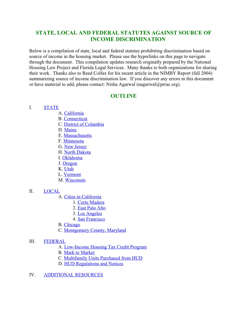 State, Local and Federal Statutes Against Source of Income Discrimination