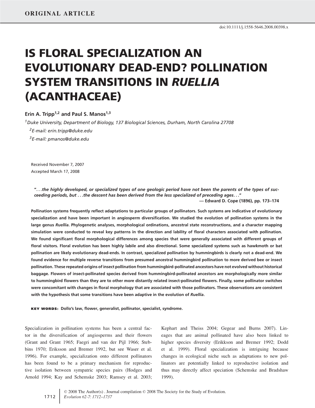 Pollination System Transitions in Ruellia (Acanthaceae)