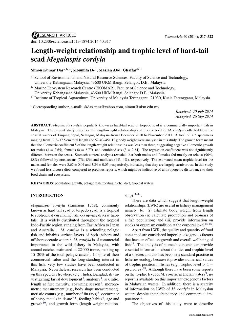 Length-Weight Relationship and Trophic Level of Hard-Tail Scad Megalaspis Cordyla