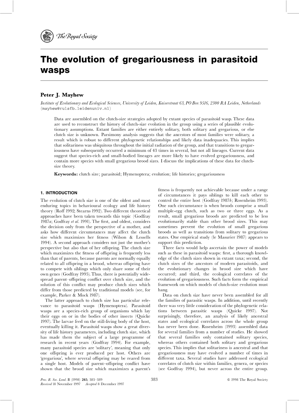 The Evolution of Gregariousness in Parasitoid Wasps