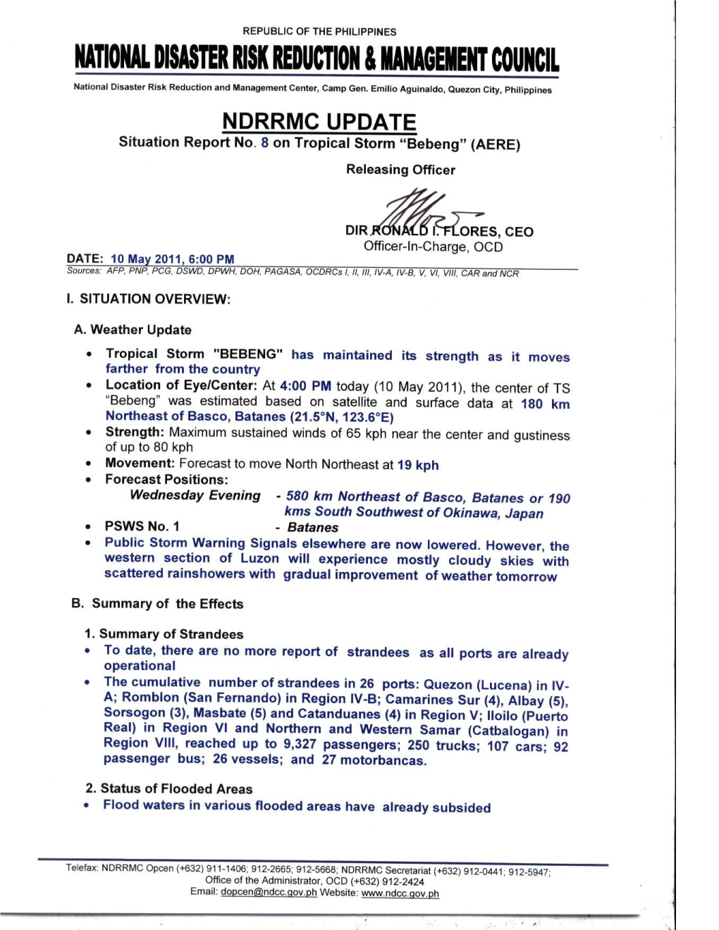 NDRRMC Sitrep No. 8 Re TS Bebeng 10May 2011, 6 PM