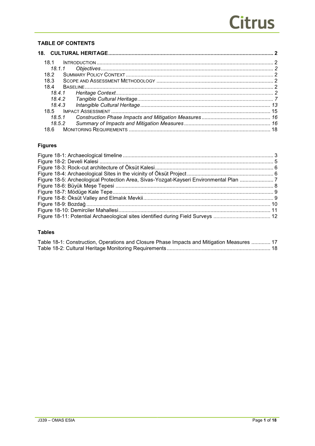 Table of Contents 18. Cultural Heritage