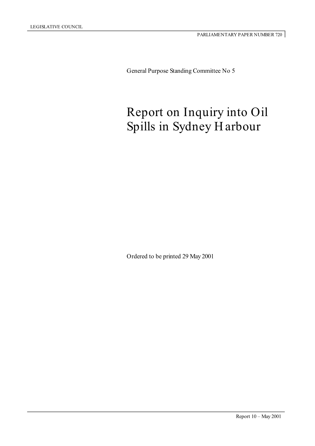 Report on Inquiry Into Oil Spills in Sydney Harbour