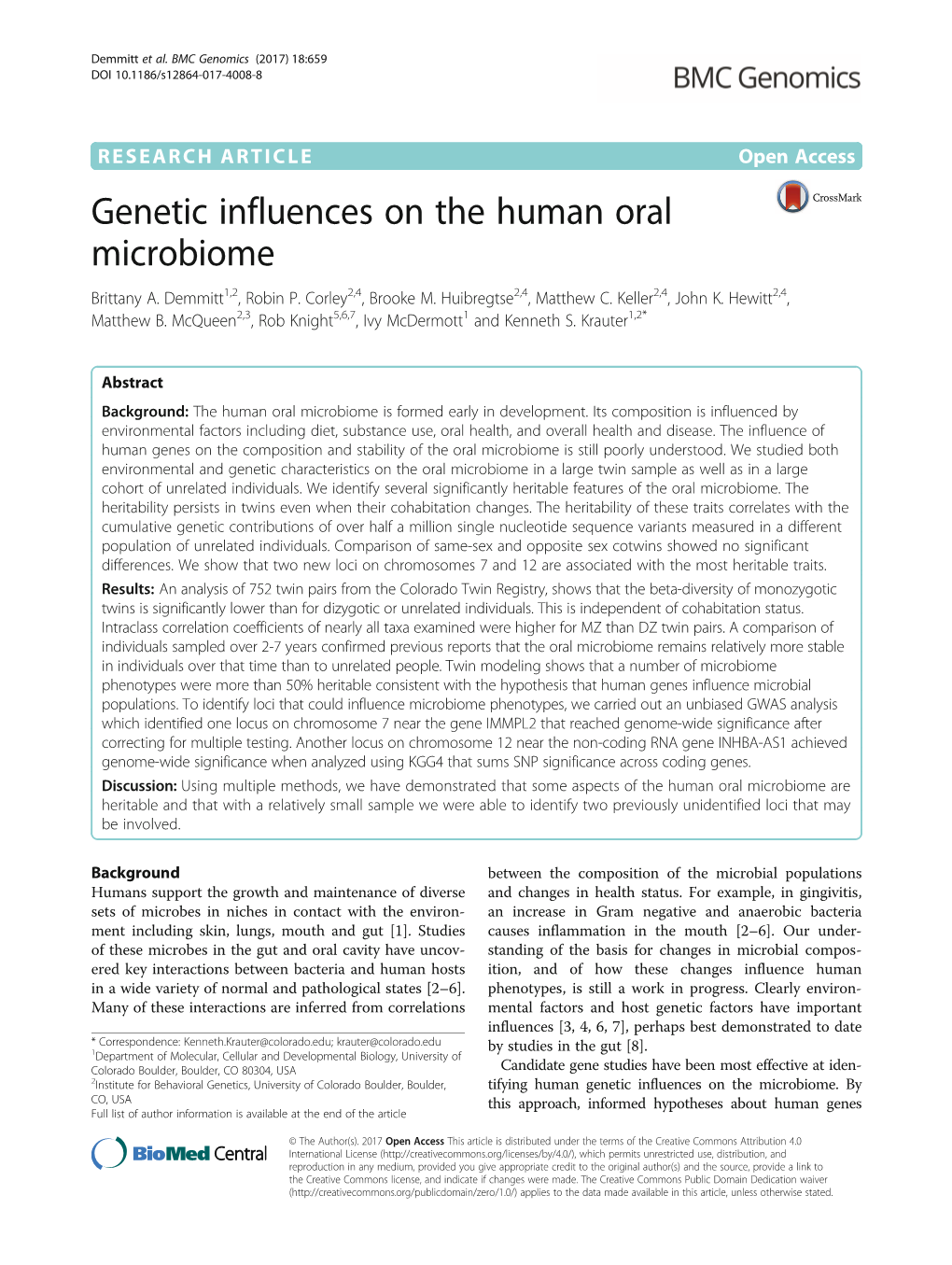Genetic Influences on the Human Oral Microbiome Brittany A