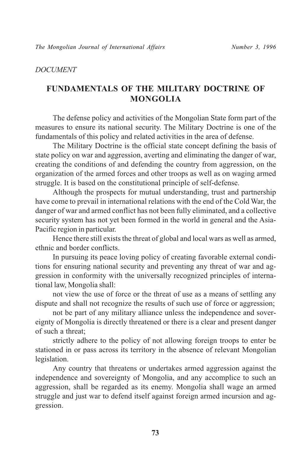 Fundamentals of the Military Doctrine of Mongolia