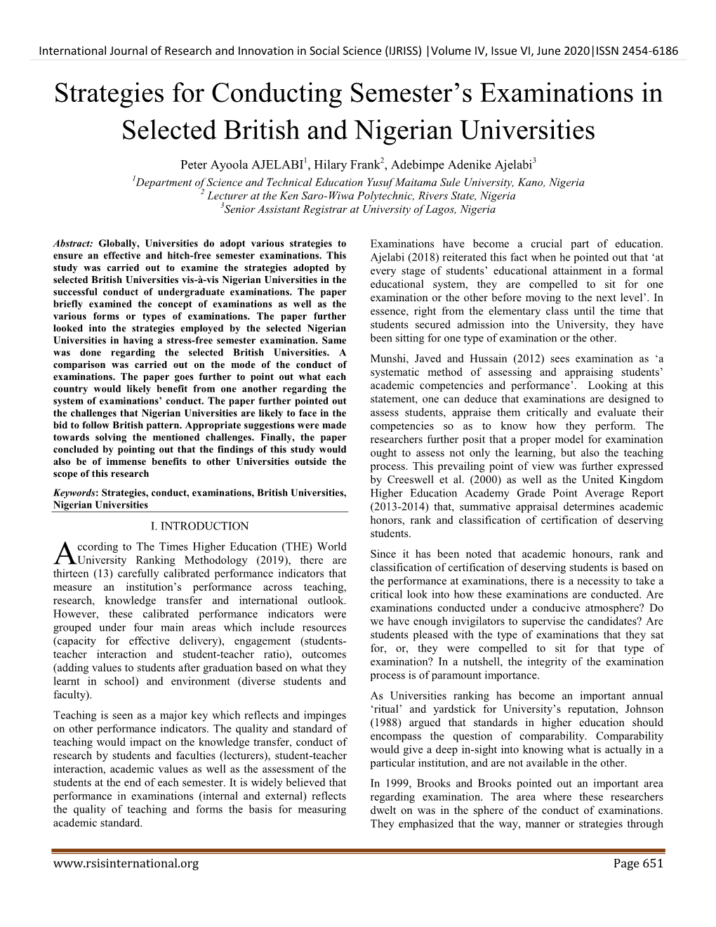 Strategies for Conducting Semester‟S Examinations in Selected British and Nigerian Universities