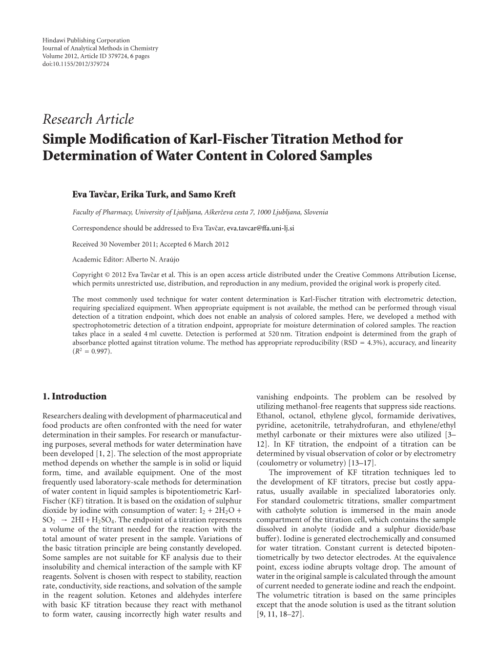 Simple Modification of Karl-Fischer Titration Method for Determination