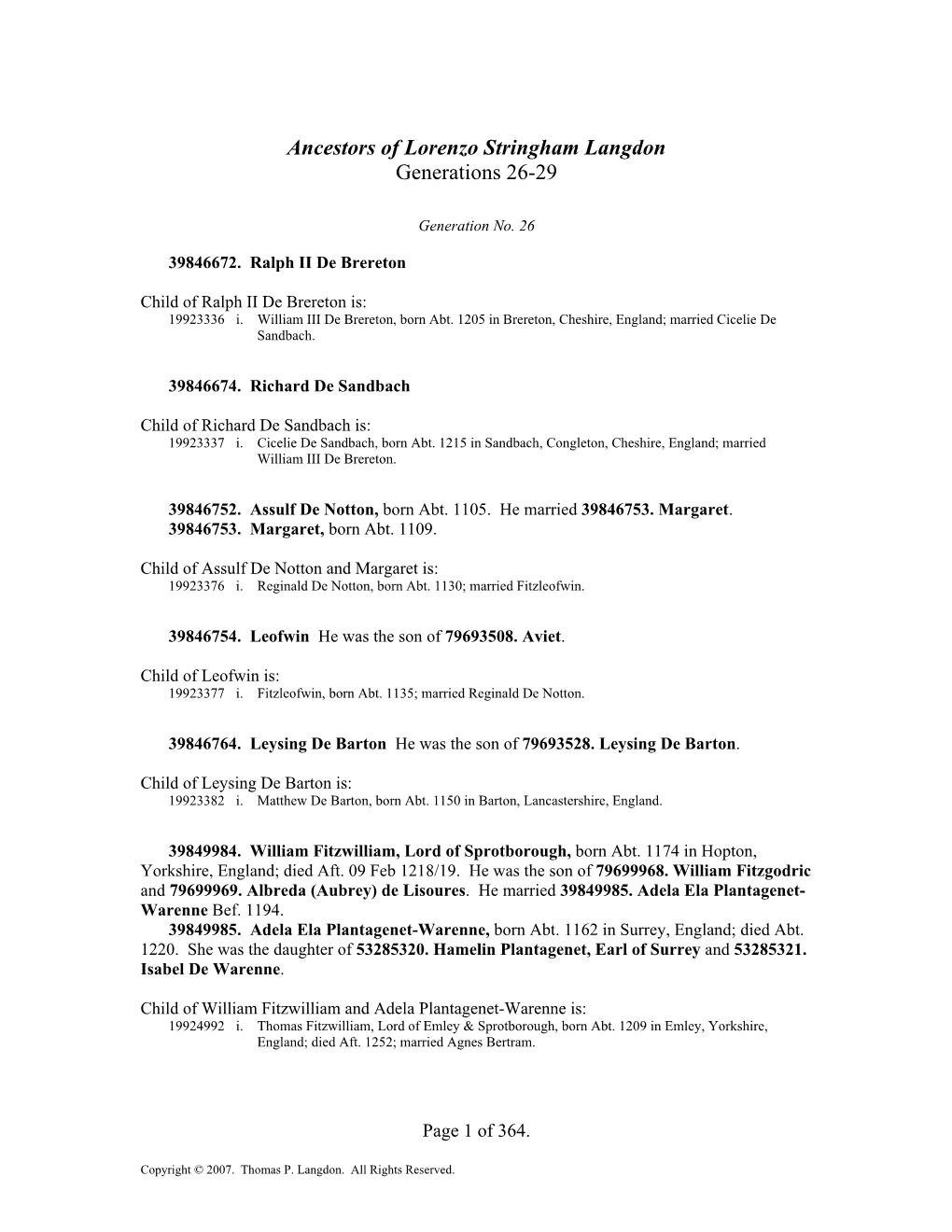 Ancestors of Lorenzo Stringham Langdon Generations 26-29