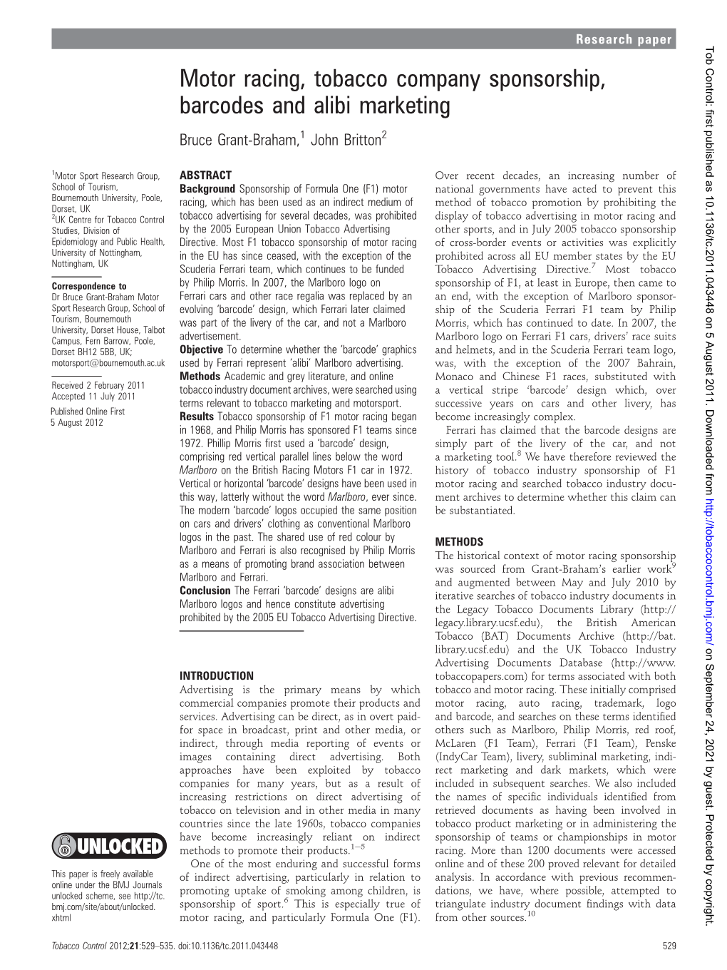 Motor Racing, Tobacco Company Sponsorship, Barcodes and Alibi Marketing Bruce Grant-Braham,1 John Britton2