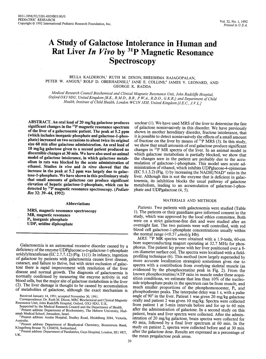 A Study of Galactose Intolerance in Human and Rat Liver in Vivo by 31~Magnetic Resonance Spectroscopy